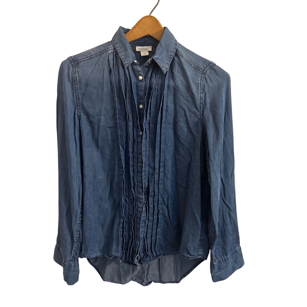 Sundance Womens Blue 100% Tencel Pleated Button Down Shirt XS Tuxedo Denim Look